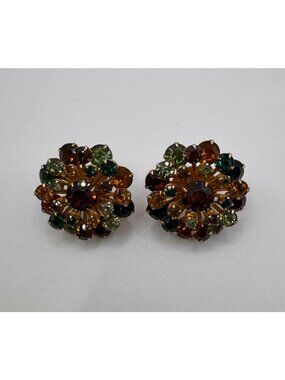 Weiss Style Rhinestone Earrings Amber Green Topaz Cluster Gold Tone Pierced